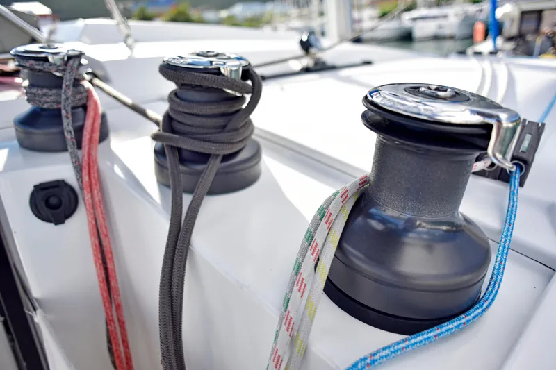Boomerang Yacht Photos Pics Winches and ropes on a 2022 Fountaine Pajot Astrea 42 catamaran deck.