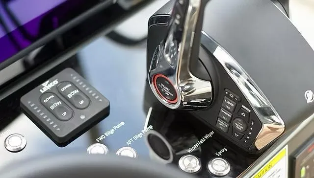  Yacht Photos Pics Control panel of 2025 Schaefer V33 boat with throttle and buttons.