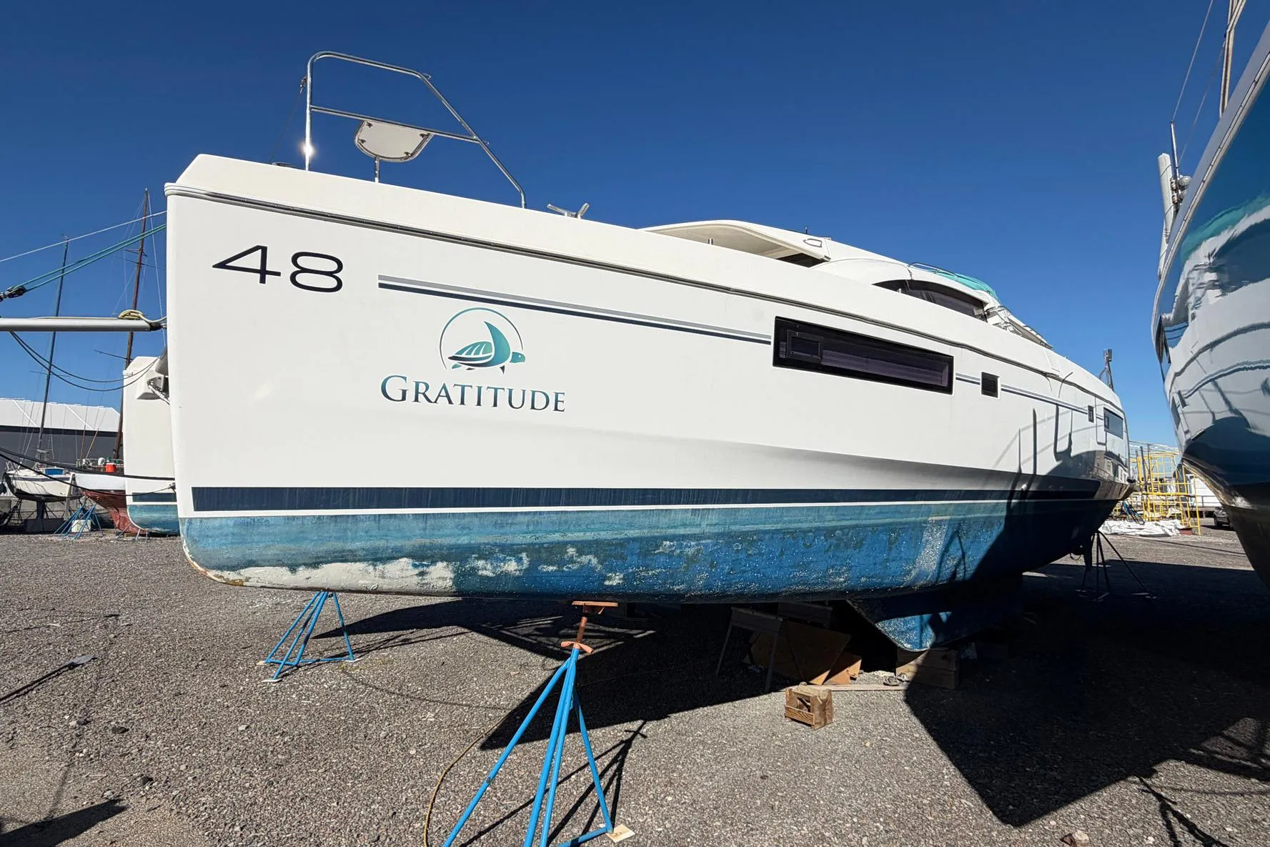 Leopard 48 catamaran named "Gratitude" on dry dock, 2015 model.