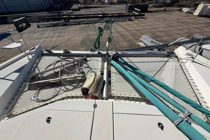 Gratitude Yacht Photos Pics Leopard 48 catamaran deck with ropes and equipment, 2015 model, docked at a marina.
