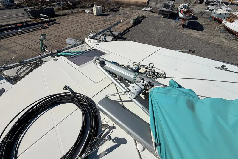 Gratitude Yacht Photos Pics Deck of 2015 Leopard 48 catamaran with rigging and equipment in a boatyard.