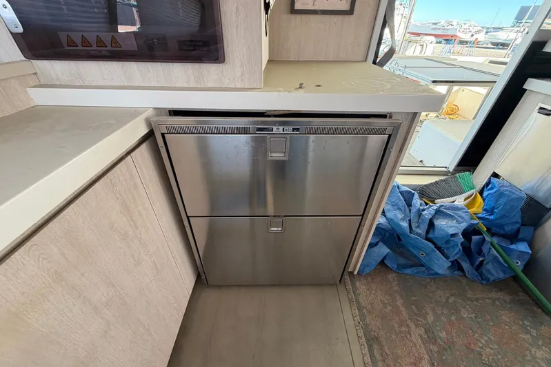 Gratitude Yacht Photos Pics Stainless steel drawer fridge in 2015 Leopard 48 yacht interior.
