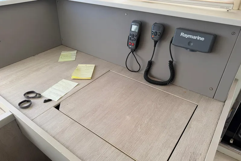 Gratitude Yacht Photos Pics Control panel of a 2015 Leopard 48 yacht with Raymarine equipment and notes.