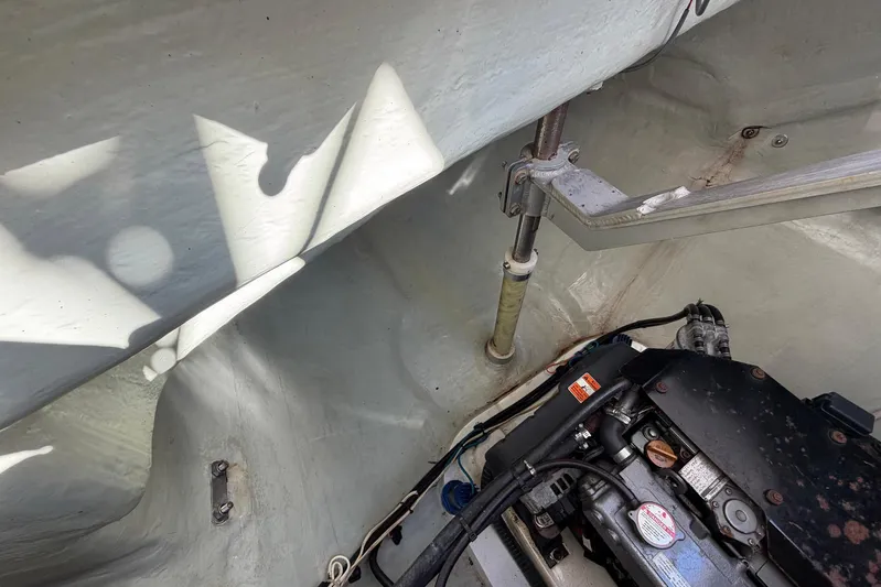 Gratitude Yacht Photos Pics Engine compartment of a 2015 Leopard 48 yacht, showcasing mechanical components and structure.