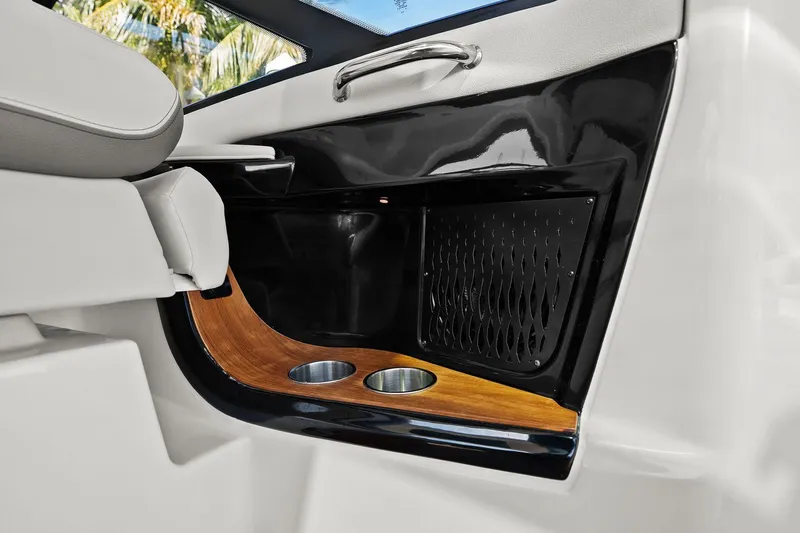  Yacht Photos Pics 2023 Sea Ray Sundancer 370 Outboard interior detail with cup holders and sleek design.