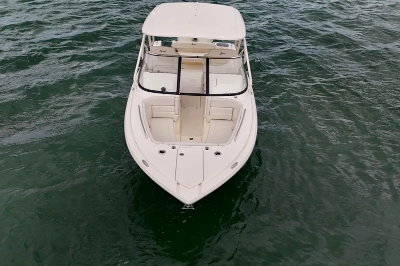  Yacht Photos Pics 2026 Scout 255 Dorado boat on water, aerial view.