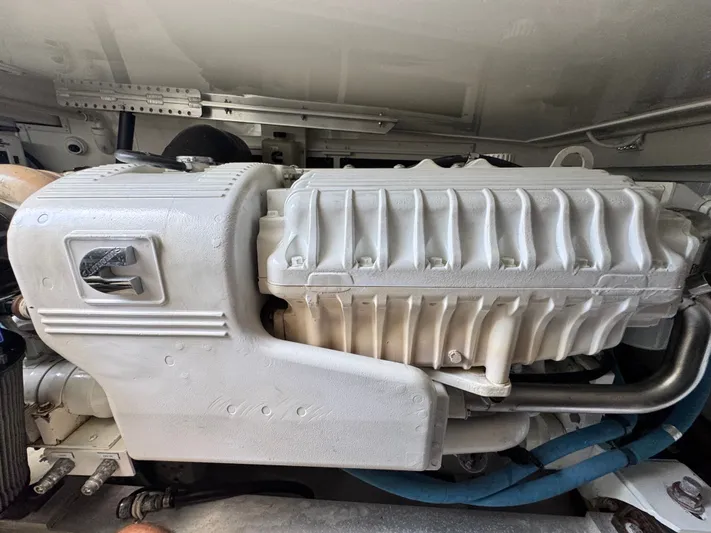 Wendy Ann Yacht Photos Pics Engine compartment of a 2021 Albemarle 41 Express boat, showcasing detailed machinery.