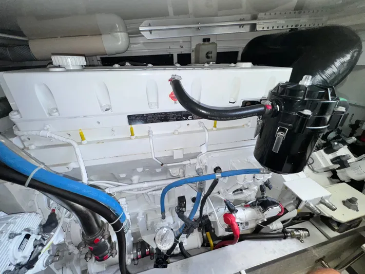 Wendy Ann Yacht Photos Pics Engine room of 2021 Albemarle 41 Express boat, showcasing complex machinery and components.