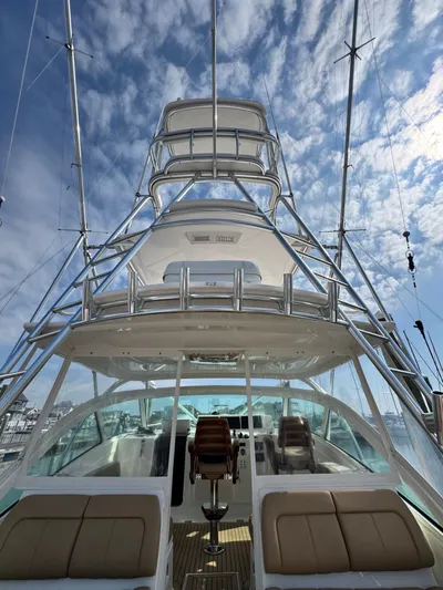 Wendy Ann Yacht Photos Pics 2021 Albemarle 41 Express boat with tower against a blue sky.