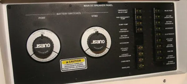 Blue Aye Yacht Photos Pics Main DC breaker panel of a 2008 Sea Ray 330 Sundancer boat.