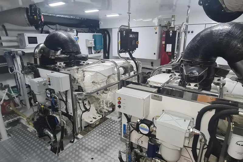 Yacht Photos Pics Engine room of 2022 Princess Y85 yacht with advanced machinery and equipment.