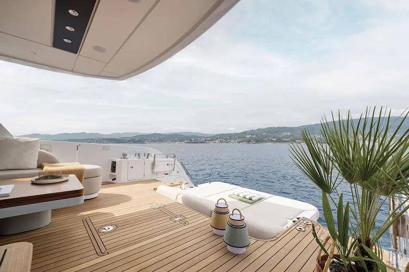  Yacht Photos Pics Manufacturer Provided Image: Luxurious Azimut Fly 62 yacht deck with ocean view, 2025 model.