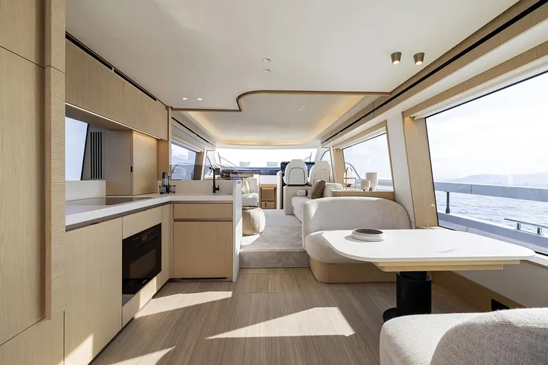  Yacht Photos Pics Manufacturer Provided Image: Luxurious interior of 2025 Azimut Fly 62 yacht with modern design and panoramic windows.