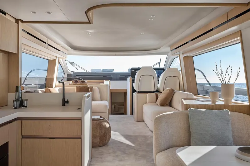  Yacht Photos Pics Manufacturer Provided Image: Luxurious interior of 2025 Azimut Fly 62 yacht with modern furnishings and ocean view.