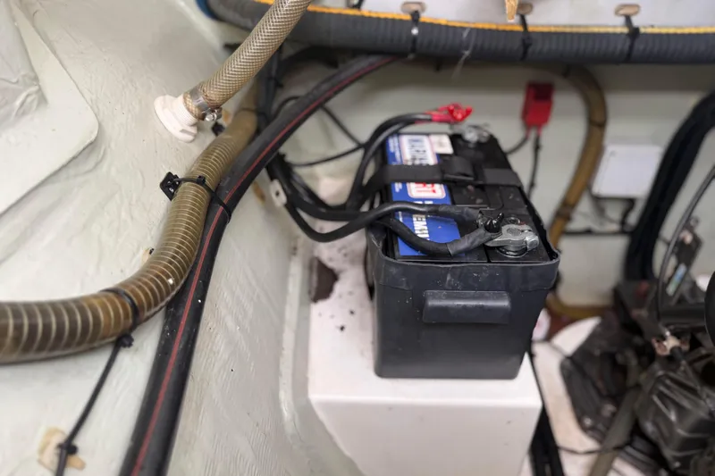 Sweet 2 Bad Yacht Photos Pics Battery setup in a 2016 Leopard 404 boat engine compartment.
