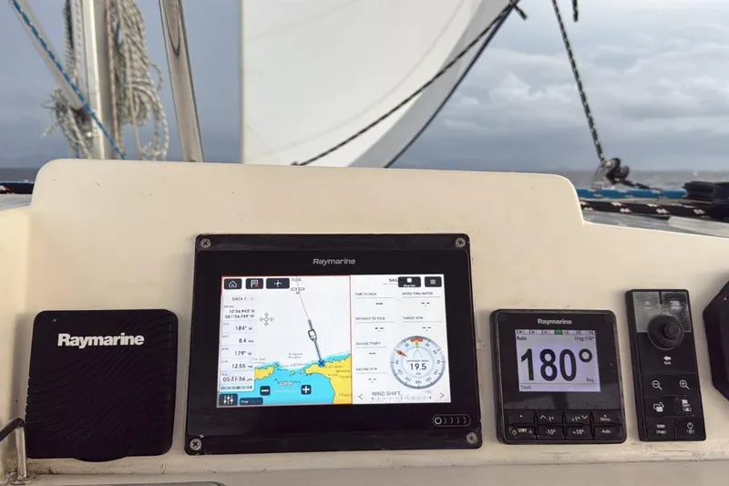 Sweet 2 Bad Yacht Photos Pics Sailing dashboard with Raymarine navigation equipment on a Leopard 404, 2016 model.