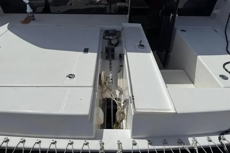 Sweet 2 Bad Yacht Photos Pics 2016 Leopard 404 yacht deck with anchor chain and storage compartments.