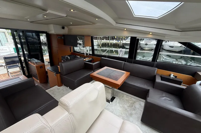 Top Nach Yacht Photos Pics Luxurious interior of 2017 Prestige 500S yacht with modern seating and panoramic windows.