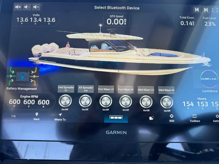 Sea Dragon Yacht Photos Pics Dashboard display of 2023 Chris-Craft Calypso 35 boat with various controls and indicators.