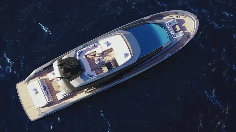 X90 Fast Yacht Photos Pics Aerial view of 2026 Extra X90 Fast luxury yacht cruising on the ocean.