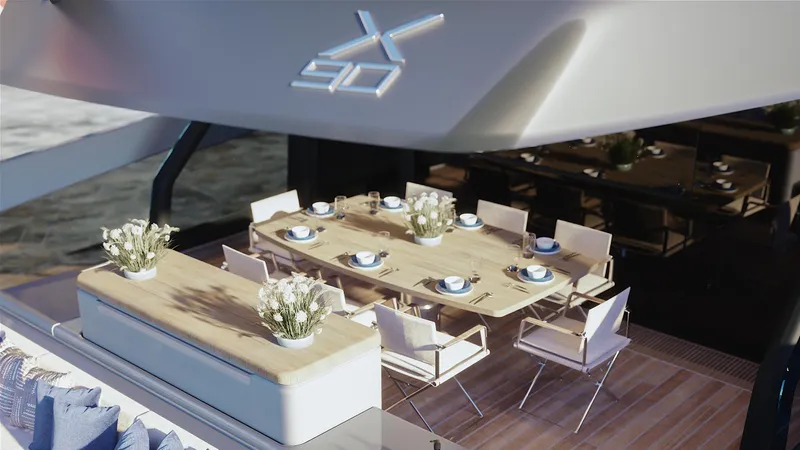 X90 Fast Yacht Photos Pics Luxury dining area on the 2026 Extra X90 Fast yacht.
