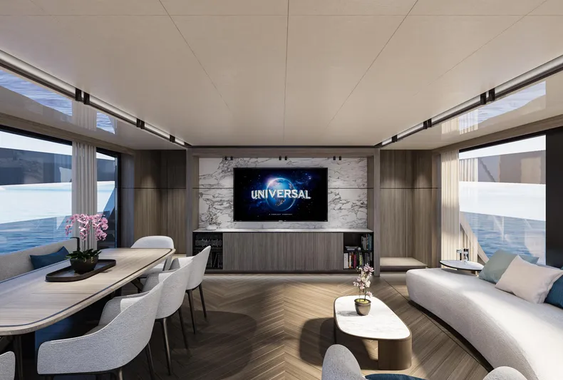 X90 Fast Yacht Photos Pics Luxurious interior of the 2026 Extra X90 Fast yacht with modern furnishings.