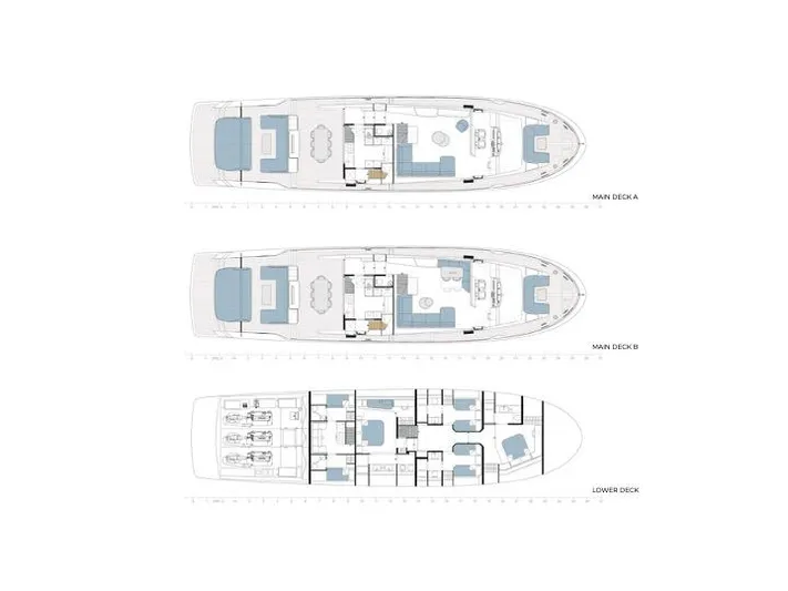 X90 Fast Yacht Photos Pics Deck layout of the 2026 Extra X90 Fast yacht, showcasing main and lower decks.