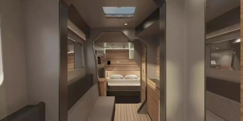  Yacht Photos Pics Luxurious interior of 2026 McConaghy MC55 yacht with modern design and cozy bedroom.