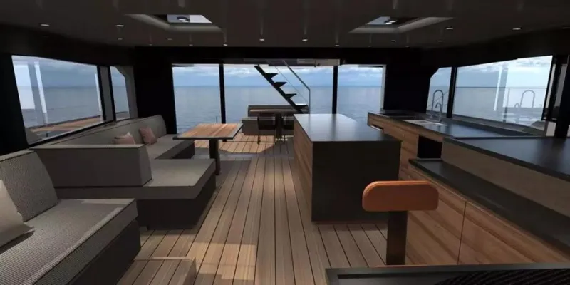  Yacht Photos Pics Luxurious interior of 2026 McConaghy MC55 yacht with modern furnishings and ocean view.