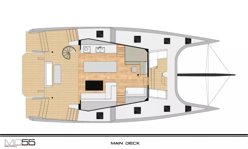  Yacht Photos Pics Main deck layout of 2026 McConaghy MC55 catamaran, featuring spacious seating and modern design.