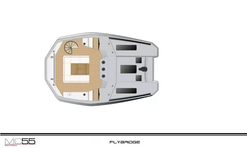  Yacht Photos Pics Top view of 2026 McConaghy MC55 flybridge layout, featuring spacious deck and seating area.