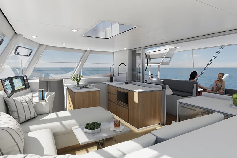  Yacht Photos Pics Luxurious interior of 2026 Balance Catamaran 464 with modern kitchen and ocean view.