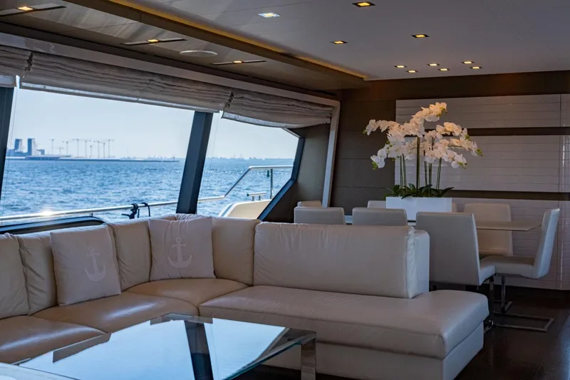  Yacht Photos Pics Luxurious interior of 2013 Ferretti Yachts 870 with ocean view and elegant decor.