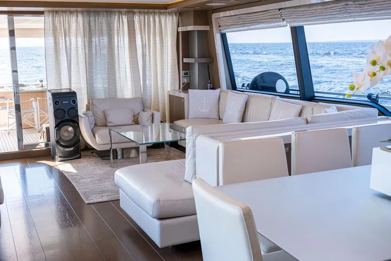  Yacht Photos Pics Luxurious interior of 2013 Ferretti Yachts 870 with ocean view and elegant furnishings.