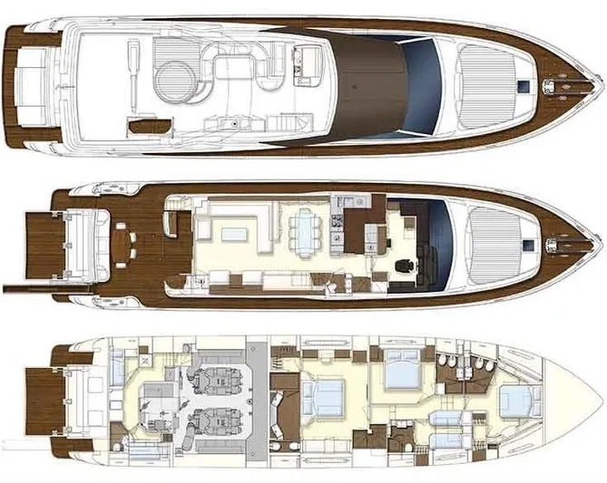  Yacht Photos Pics Floor plan of a 2013 Ferretti Yachts 870, showcasing three levels with detailed layouts.