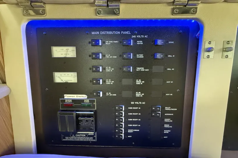  Yacht Photos Pics Main distribution panel on 2018 Sea Ray Sundancer 460 yacht, featuring various switches and meters.