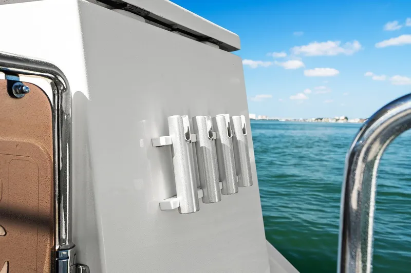  Yacht Photos Pics Aquila 36 boat detail with rod holders, ocean view, sunny day, 2020 model.