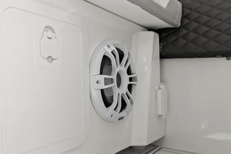 Yacht Photos Pics Speaker system inside a 2020 Aquila 36 boat, featuring a sleek white design.