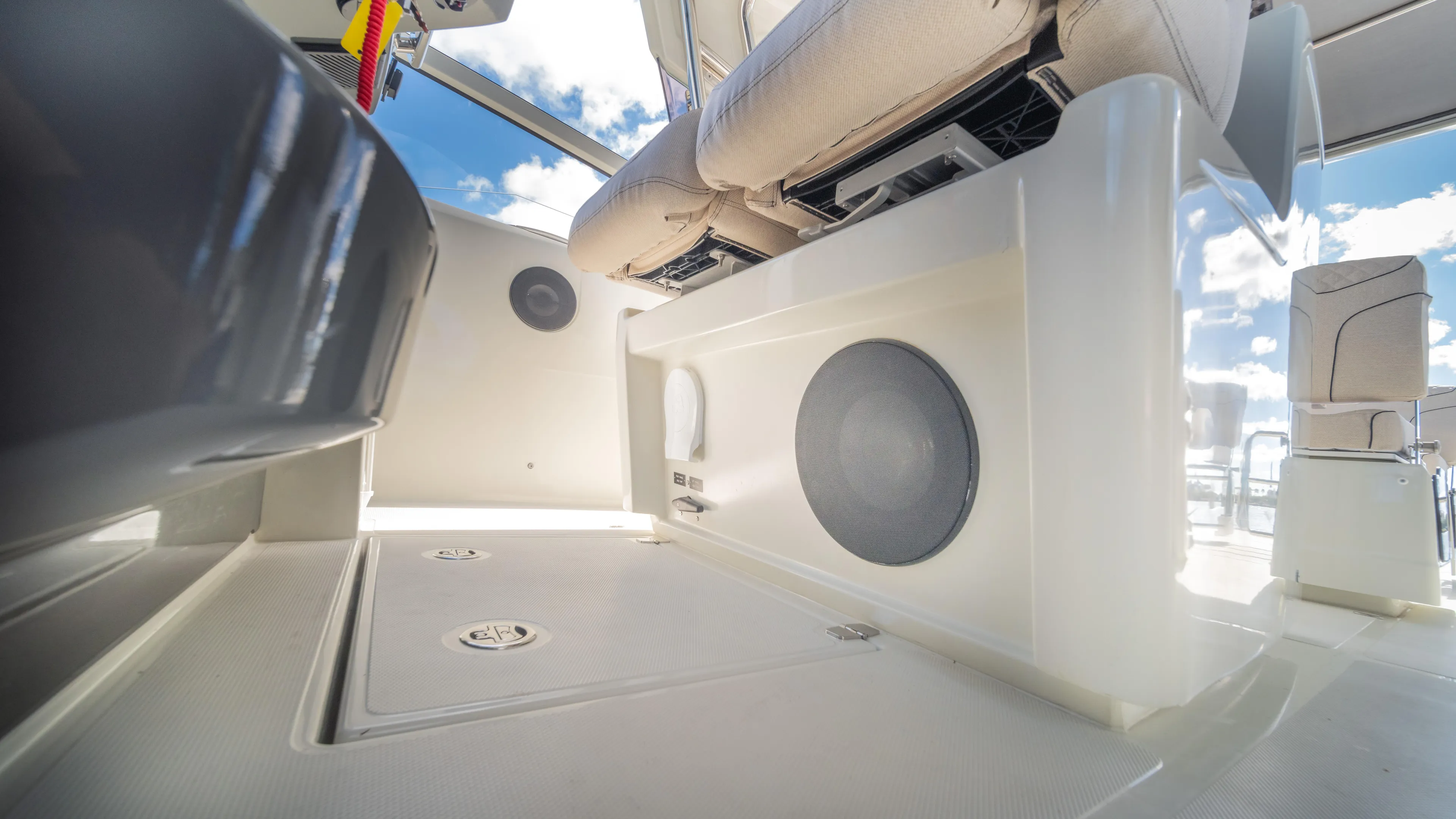  Yacht Photos Pics 2025 YOT 36 boat interior with modern seating and speaker system.