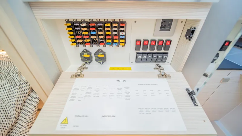  Yacht Photos Pics Electrical panel of YOT 36, 2025 model, featuring labeled switches and circuit breakers.