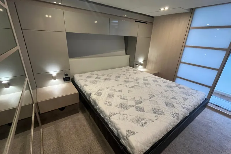  Yacht Photos Pics Luxurious bedroom interior of 2012 Fairline Targa 58 Gran Turismo yacht.