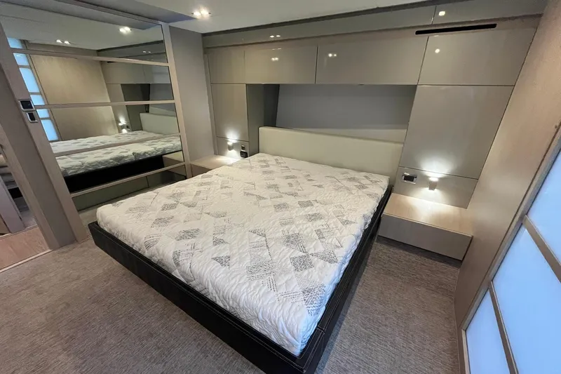 Yacht Photos Pics Luxurious bedroom interior of 2012 Fairline Targa 58 Gran Turismo yacht.