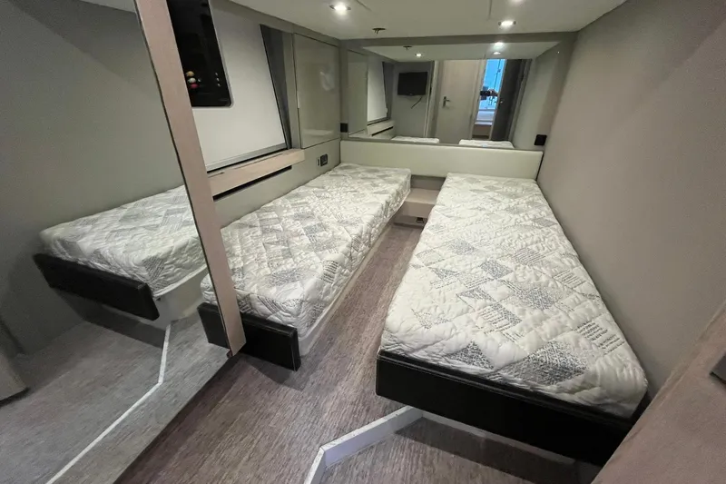  Yacht Photos Pics Interior of 2012 Fairline Targa 58 Gran Turismo with twin beds and modern design.