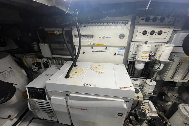  Yacht Photos Pics Engine room of 2012 Fairline Targa 58 Gran Turismo with Cummins Onan marine generator.