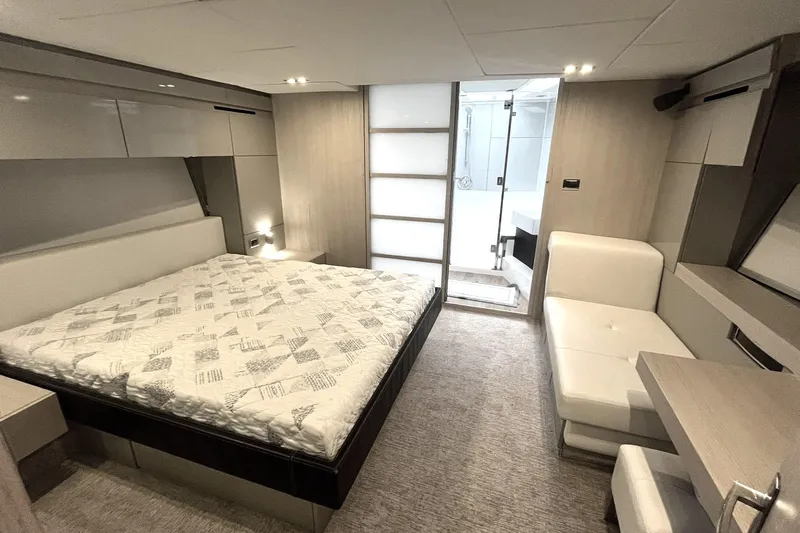  Yacht Photos Pics Luxurious bedroom interior of 2012 Fairline Targa 58 Gran Turismo yacht.