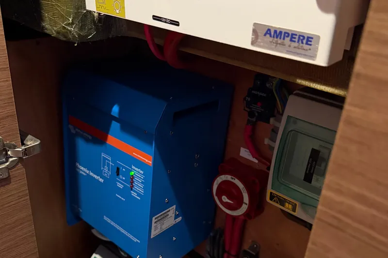 Jelliblu Yacht Photos Pics Electrical system inside a 2019 Lagoon 42 yacht, featuring a Phoenix inverter.