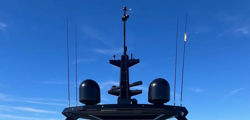 Armaar Yacht Photos Pics Top view of 2017 Astondoa AS100 Century yacht against clear blue sky.