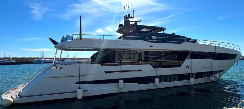 Armaar Yacht Photos Pics Luxury 2017 Astondoa AS100 Century yacht docked in sunny marina.