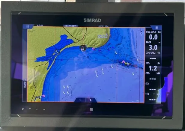 Armaar Yacht Photos Pics Simrad navigation display on 2017 Astondoa AS100 Century yacht, showing nautical chart and data.