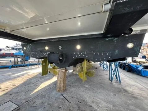 Armaar Yacht Photos Pics Underwater view of 2017 Astondoa AS100 Century yacht hull and propellers.